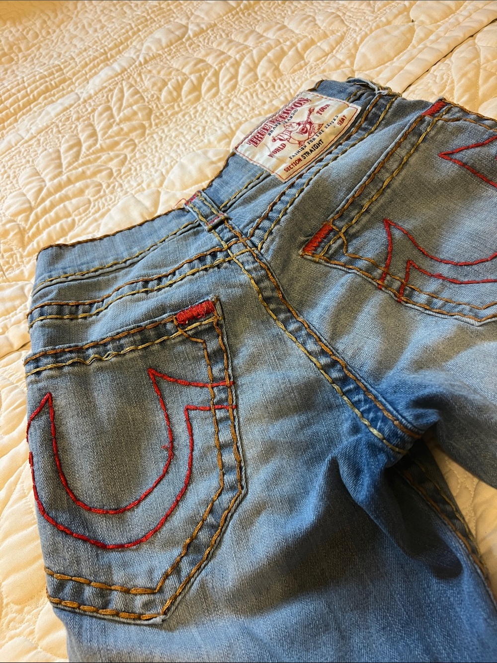 True Religion Women’s Light Blue Straight Jeans with Red Embroidered Pockets